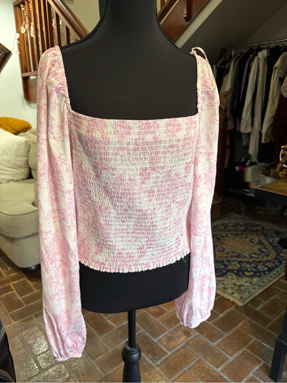 BCBG Smocked Square-Neck Top in Pink Toile